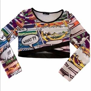 Love J Multi Colored Graphic Long Sleeve Crop Top Women’s Small Fit, Med Size